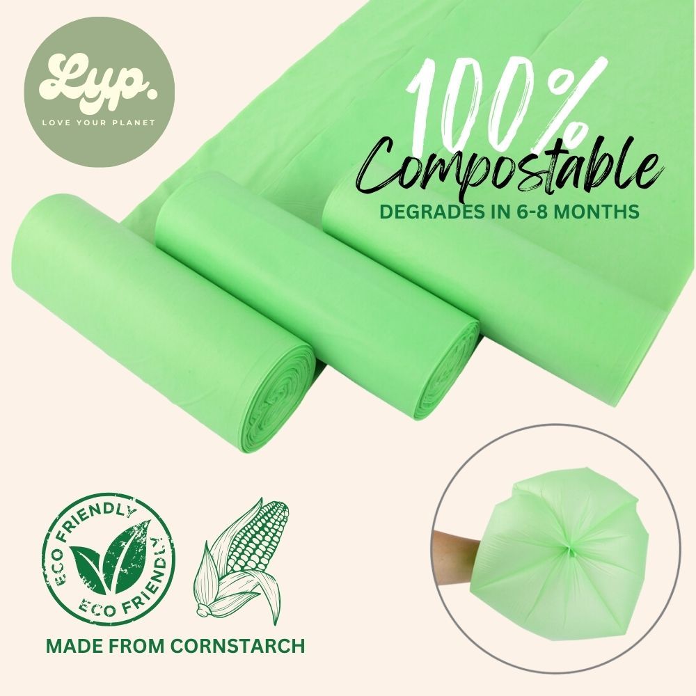 LYP 100% Compostable Cornstarch Garbage Bag / Trash Bag for 6L / 35x40cm / 4 Rolls 120 Bags